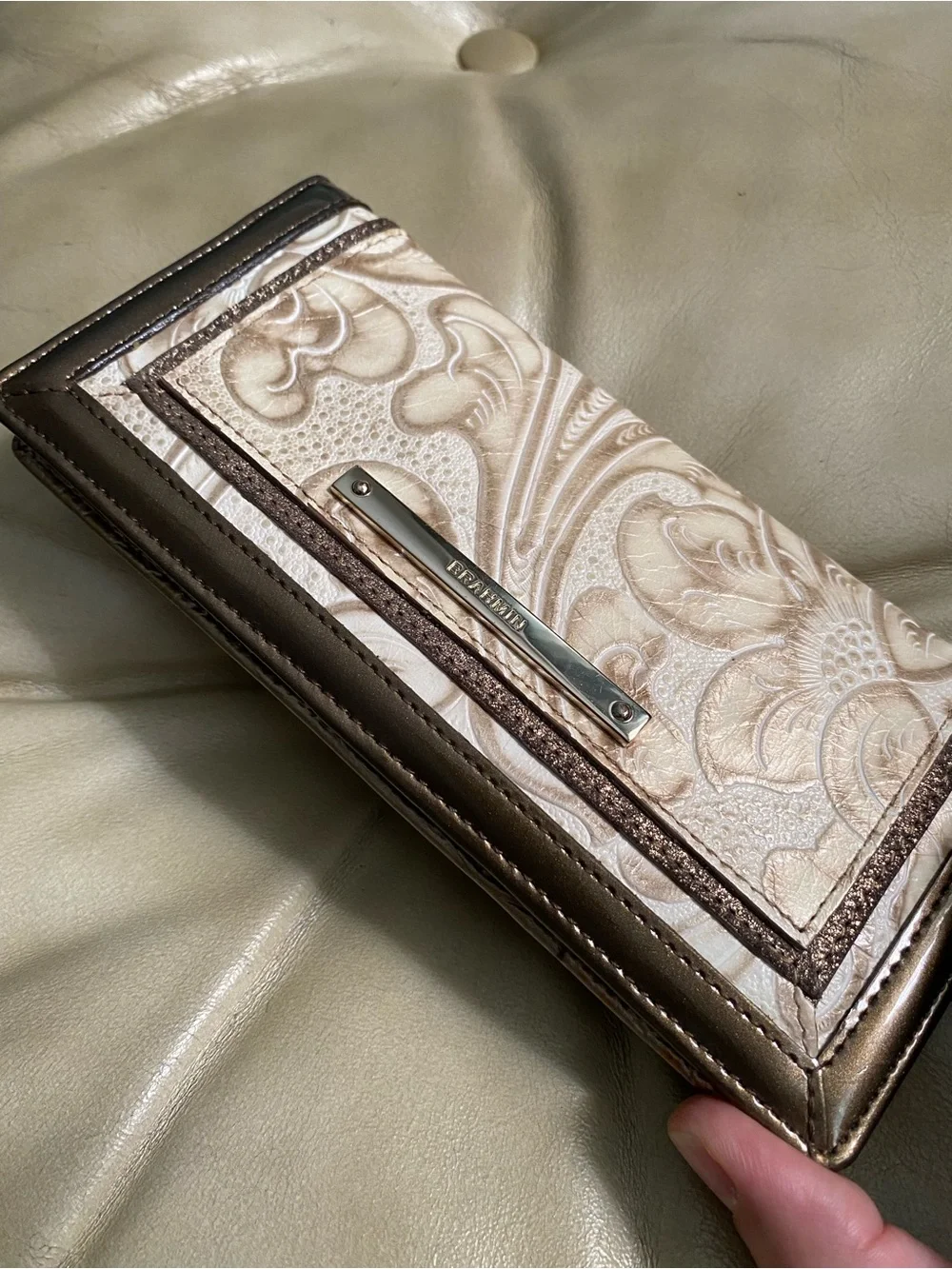 HTF Brahmin Bourdele Wallet in Cream/Gold/Taupe Scroll Embossed Leather